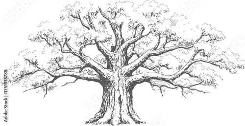 Detailed sketch of a mature oak tree with spreading branches and textured bark drawing illustration