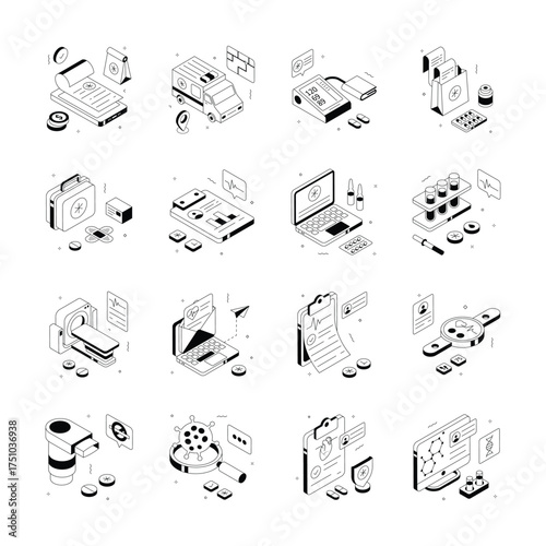 A collection of medical and healthcare isometric illustrations in modern style