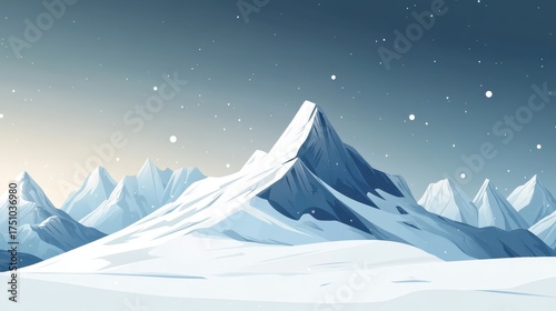 Simple snowy mountain scene with a minimalist design and cool tones