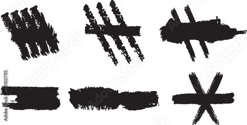 Collection of six black brush stroke tally marks and symbols