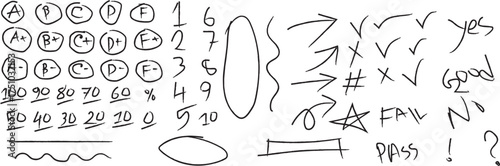 Handdrawn collection of school grades, numbers, symbols, and feedback