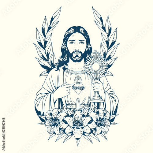 Vintage tattoo style illustration of Jesus Christ holding a monstrance, surrounded by flowers and laurel leaves.