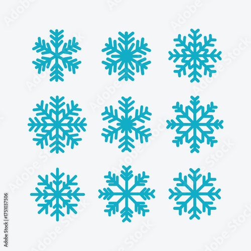 Snowflake icons Set, A collection of nine different intricately designed blue snowflake icons unique pattern.