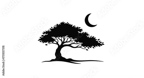 Silhouette of a majestic tree under a crescent moon, symbolizing nature and tranquility at night.