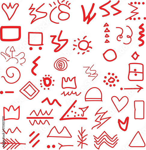 Collection of hand drawn red tribal symbols and ancient pictographs on a white background