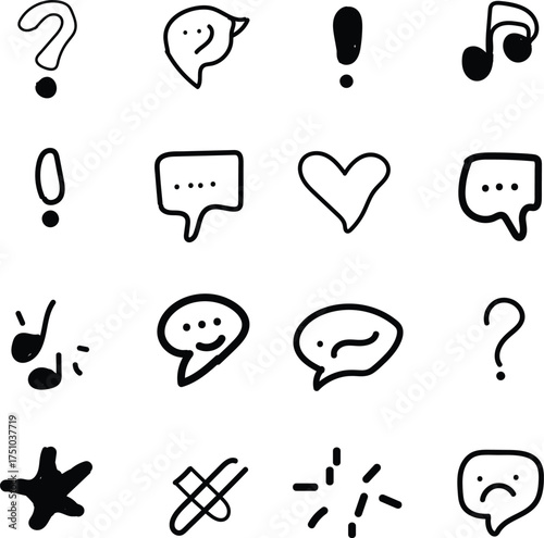 Collection of hand drawn doodle icons featuring speech bubbles questions exclamations music notes hearts and stars