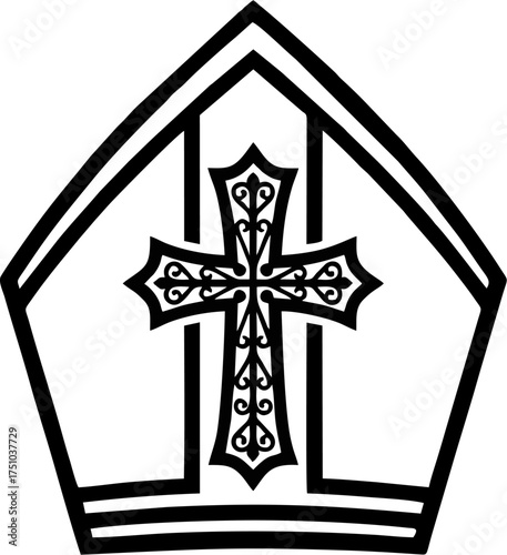 Ornamental Cross Bishop Mitre Vector – Black and White Catholic Headwear Line Art for Easy Tracing