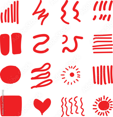 Collection of abstract red hand drawn scribble shapes and lines on white background