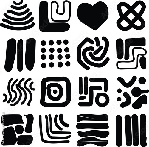 Collection of 16 diverse abstract black and white graphic symbols and icons for design