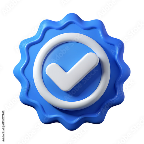 3D blue badge with white check mark icon symbolizing verification approval success or quality on transparent background