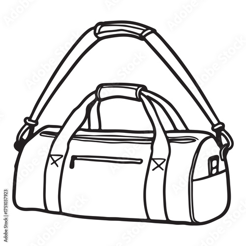 Duffel bag line art illustration for travel fitness and sports equipment with adjustable shoulder strap and zipper pocket design