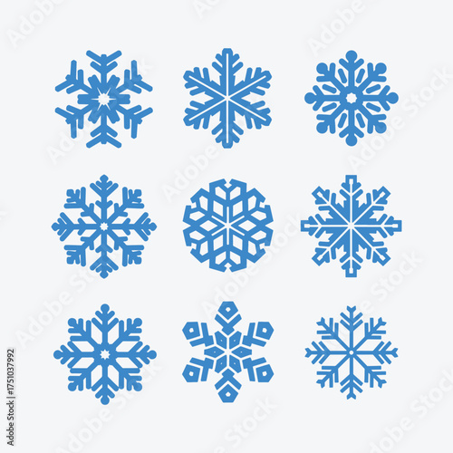 Snowflake icons Set, A collection of nine different intricately designed blue snowflake icons unique pattern.