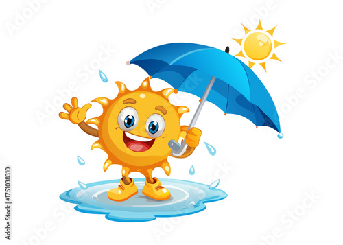 3d icon of happy cartoon sun character holding an umbrella and splashing water, isolated on transparent background. vector icon