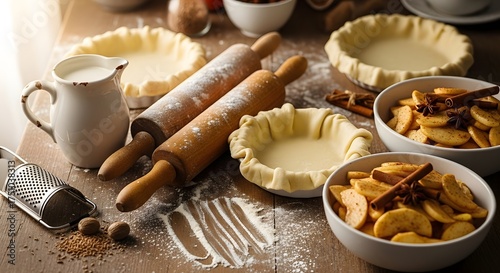 Festive Thanksgiving Day Baking and Cooking Preparations with Pastry Dough and Spiced Apple Cider