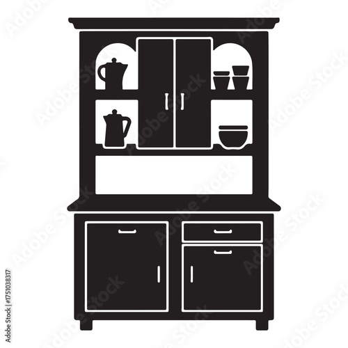 Elegant Black and White Silhouette of a Classic China Cabinet Showcase for Kitchen and Dining Room Storage and Display