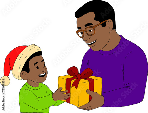 father and son with gifts celebrating Christmas.