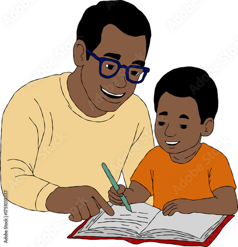father and son studying, father helping his son on study.