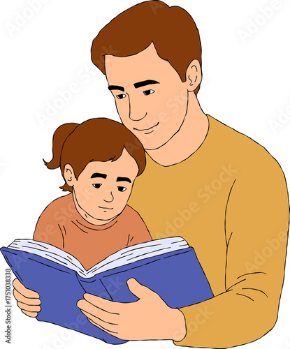 father reading a book to his daughter. hand drawn style drawing.