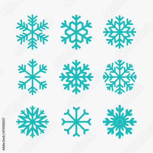 Snowflake icons Set, A collection of nine different intricately designed blue snowflake icons unique pattern.