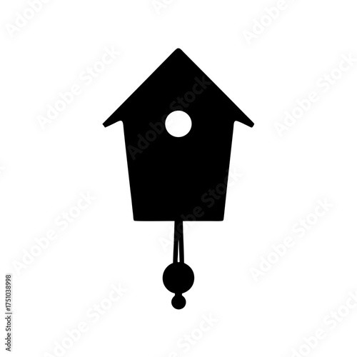 Classic black silhouette of a traditional cuckoo clock with pendulum and round window