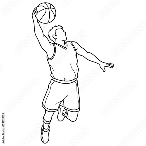 Outline Vector Illustration of Basketball Player Dunking. Minimalist Black Line Art Sketch of an Athlete Jumping to Score. Graphic Concept for Sports, Fitness, Competition, and Motivation.