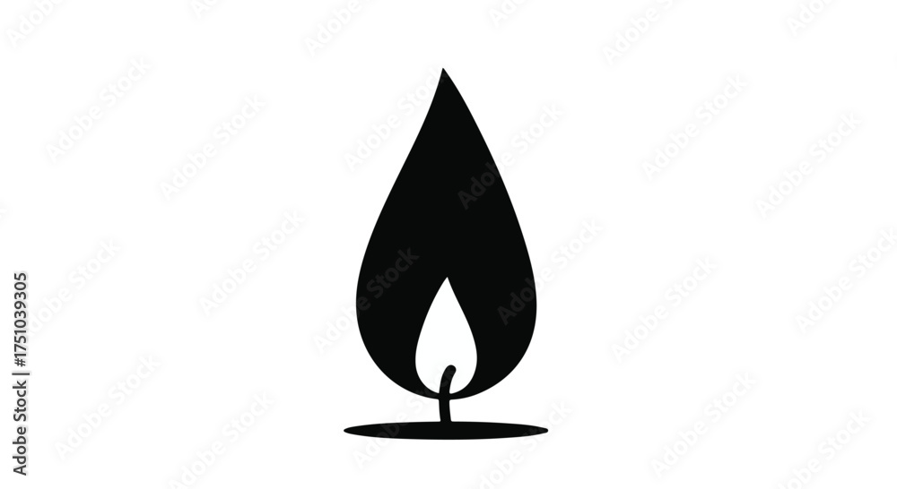 Fototapeta premium Simple black silhouette of a candle flame on a white background, representing warmth and light.