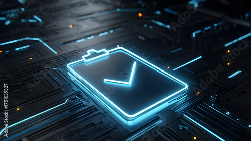 Digital clipboard with checkmark on futuristic circuit board
