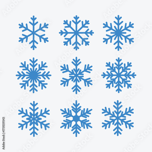 Snowflake icons Set, A collection of nine different intricately designed blue snowflake icons unique pattern.