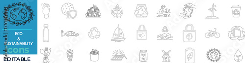 Eco sustainability line art icons environmental protection, renewable energy, recycling, nature preservation, global responsibility, editable vector.