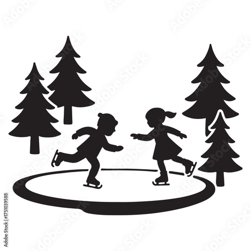 Children Ice Skating in Winter Forest Silhouette