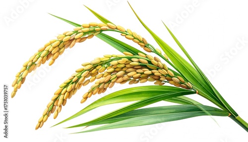 A close-up view of a branch of rice, showcasing its golden grains and vibrant green leaves