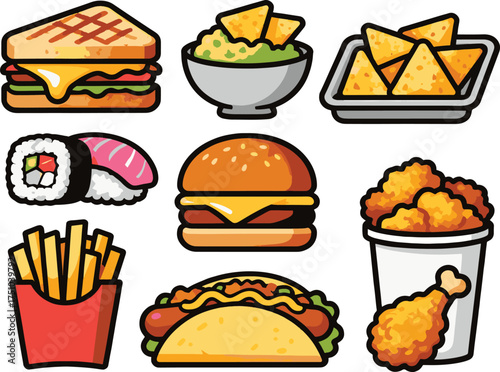 cartoon-style vector icons featuring various popular fast food and snack items