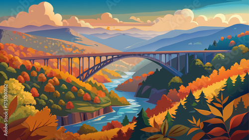 Very beautiful aerial view of New River Gorge Bridge surrounded by Appalachian Mountains and lush autumn forest under a soft morning light in West Virginia, USA.

