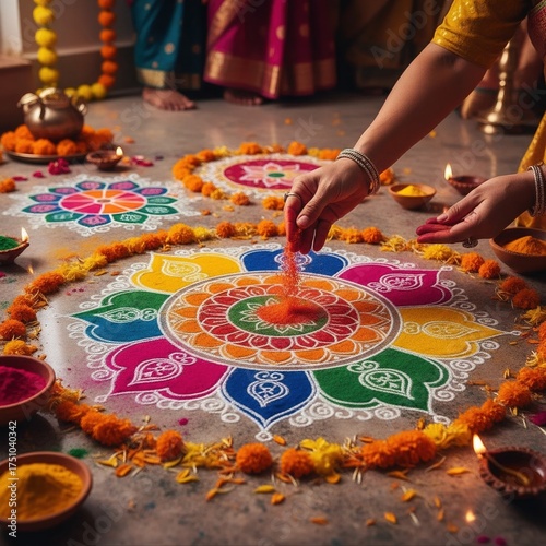 Colorful Diwali rangoli with marigold garlands and lit diyas, a hand placing colored powder. Warm festive mood for 2025. Ideal for greetings, posters, invitations, ads, and social media.