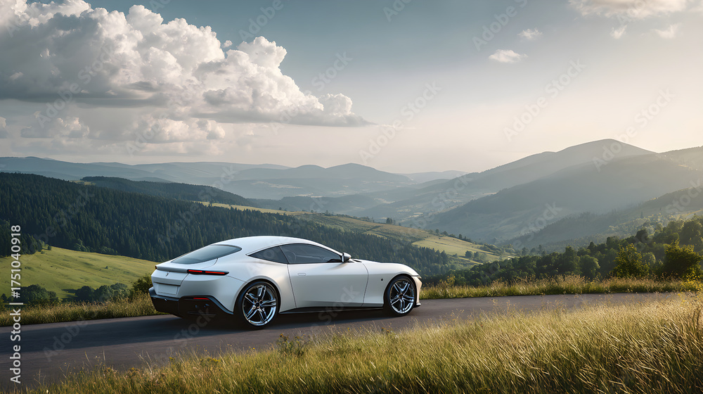 Naklejka premium White luxury sports car driving mountain road