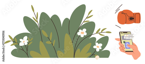 Overgrown bush with white flowers, boxing glove, and hand holding smartphone with message notification. Ideal for conflict, communication, interaction, negotiation, misunderstanding, decision-making