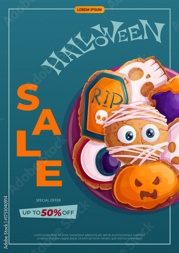 A Halloween flyer design template. Cookies in the form of a mummy, a cauldron, a ghost, a pumpkin on a plate. Autumn discounts, sale. Vector illustration in A4 format for poster, banner, promotion