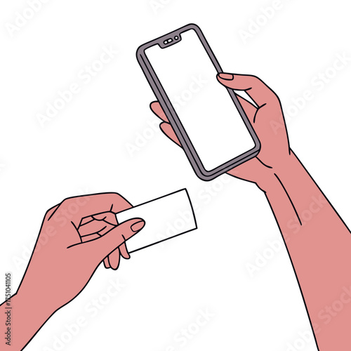 Hands holding smartphone with blank screen and blank card for mockup on white background