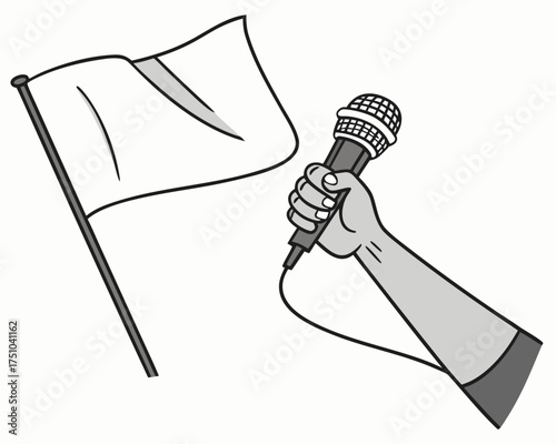 Hand holding a reporter's microphone with a blank flag for an interview on white background