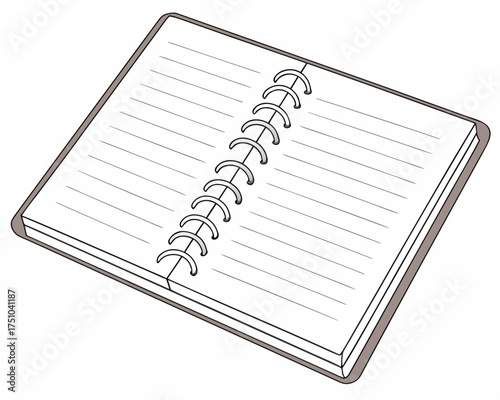 Open blank spiral bound sketchbook or notepad with white pages on white background