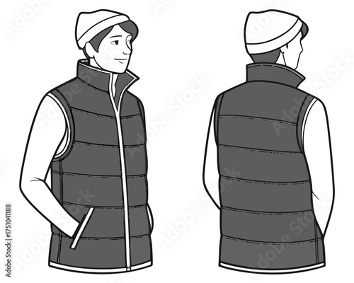 Black puffer vest mockup, front and back view, sleeveless jacket on white background