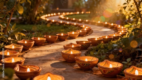 Long rows of clay diyas glow along a pathway with soft bokeh, forming a warm Diwali background. Great for banners, posters, headers, invitations, or ads needing elegant light and calm.