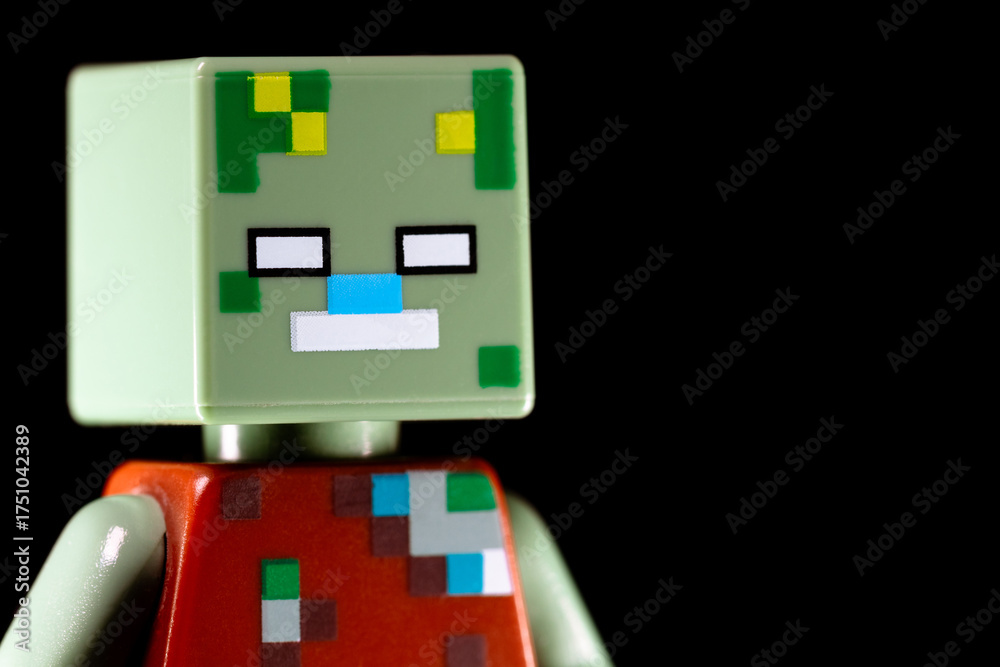 Naklejka premium Side view of LEGO Minecraft Drowned face on a black background