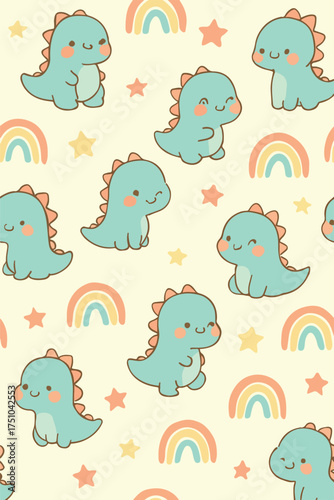 Kawaii Baby Dinosaurs with Rainbows and Stars Seamless Vector Pattern for Kids Room