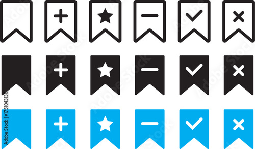 Bookmark Add and remove  icon set. plus and minus sign. Includes save, check and cross symbols. Bookmark action icons with symbols Vector
