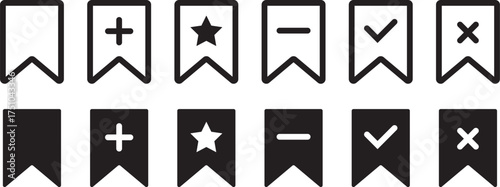 Bookmark Add and remove  icon set. plus and minus sign. Includes save, check and cross symbols. Bookmark action icons with symbols Vector

