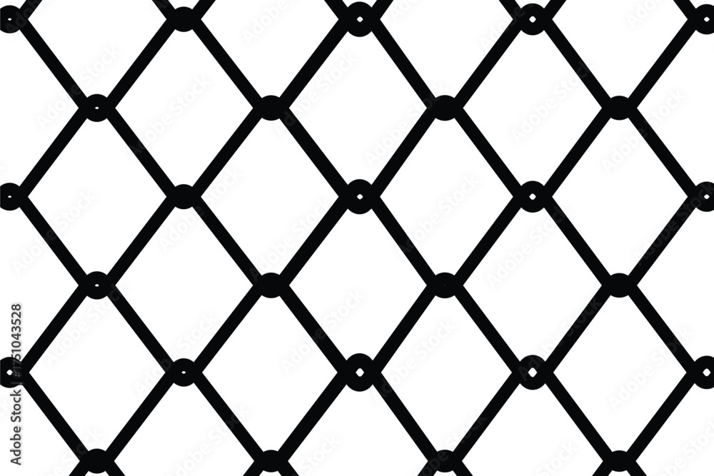 Fototapeta premium Seamless black outline vector pattern of a chain link fence or wire mesh. Interlocking diamond grid texture representing security, barrier, and enclosure. Flat, graphic, and isolated on white.