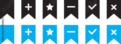 Bookmark Add and remove  icon set. plus and minus sign. Includes save, check and cross symbols. Bookmark action icons with symbols Vector
