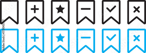 Bookmark Add and remove  icon set. plus and minus sign. Includes save, check and cross symbols. Bookmark action icons with symbols Vector
