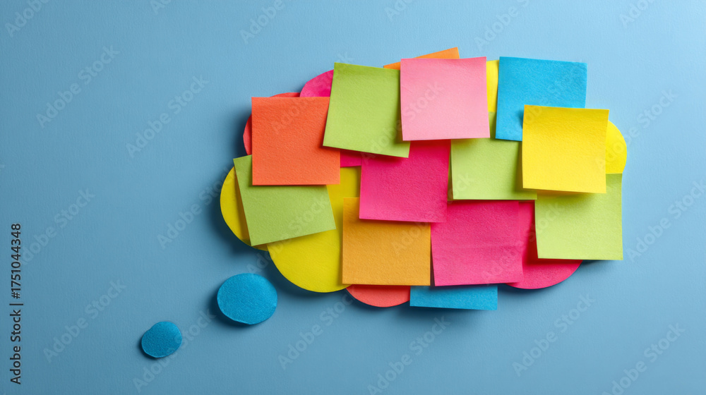 Obraz premium Colorful Sticky Notes Forming Thought Bubble on Blue Background